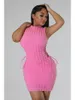 Vestidos casuais 2024 sexy lace up lado oco out seersucker sem mangas gola bodycon mini vestido para mulheres chique