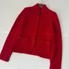 Sweat-shirt en tricot doux pour femme, pull en cachemire rouge, Style chinois, petit col montant, bouton plaque, année de fête