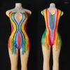 Stage Wear Femmes Party Gogo Dancer Costume Rainbow Strass Franges Body Discothèque Pole Leopard Festival Outfit XS6382