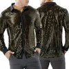 Men's Casual Shirts Shiny Sequins Single Breasted Long Sleeve Lapel Collar Stage Dance Retro 70s Disco Bling Shirt Man Tops