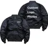 Jaquetas masculinas logotipo personalizado design bombardeiro jaqueta diy impresso zíper à prova de vento isolamento grosso unisex vôo jack