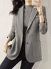 Zoki Harajuku Grau Tweed Blazer Frauen Retro Elegante Langarm Büro Dame Anzug Mantel Casual Herbst Einfache Tasten Design Jacke 240130