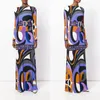 Casual Dresses Fahion Designer Luxury Maxi Dress Women's Long Sleeve Purple Geometry Print Stretch Jersey Silk Spandex