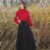 Work Dresses Rench Vintage Red Sweater A-Line Skirts Two Piece Set Lady Graceful Lantern Sleeve Knit Pullover High Waist Skirt Outfits 2024