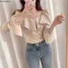 Ruffled Tops And Blouses Autumn Fall Basic Wear Flare Sleeve Chic Korean Fashion Shirts Black Off Shoulder Women Top Blusas 240126