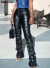 Bizarre Puss Faux Cuir Pantalon Cyber Y2K Vintage Empilé Fermeture Éclair Fente Latérale Cordon Crayon Pantalon Tendance Streetwear Slim Tenues 240122