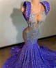 Sexy Purple Sequins Mermaid Prom Dress For Black Girl Beaded Sheer Neck Evening Party Gowns Sweep Train Robes De Soiree 322