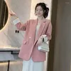 Ternos femininos primavera e outono feminino duplo breasted fivela rosa pequeno terno longo jaqueta feminina coreano solto encaixe casual tops casaco