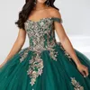 Vert Brillant Quinceanera Robes Robe De Bal Hors Épaule Puffy Sweet 16 Robe Or Applique Dentelle Tull Celebrity Robes De Soirée Graduation