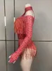 Bühne Tragen Stil Rot Sparkly Strass Frauen Bodysuit Sexy Bar Party Quaste Anzug Singen Leistung Nachtclub Show Outfit