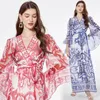 Casual Dresses Jamerary Fashion Runway Blue White Porslin Floral Maxi Dress for Women Summer Autumn Long Sleeve Flower Printing Lady