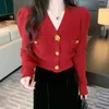Женский трикотаж, французский винтажный трикотаж с длинным рукавом, красный свитер, женский повседневный короткий кардиган, куртка, женский мягкий тонкий женский весенний кардиган с v-образным вырезом
