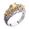 Cluster Rings Delicate Luxury Silver Colors Flower For Women Trendy Metal Inlaid Yellow Stone Wedding Engagement Jewelry