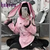 T-shirts Femmes Harajuku Rabbit Ear Sweats à capuche Japonais Kawaii Y2K Esthétique Femmes T-shirt Gothique Lolita Dentelle Rose Rayé Top Grunge Tees