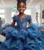 2024 Blue Lace Sheer Neck Flower Dresses Ball Gown Tulle Tiers Luxurious Little Girl Christmas Peageant Birthday Christening Tutu Dress Gowns Zj428 407