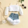 Kläder sätter Prowow Kids Denim Clothes Girls Outfit Set Plush Camisole and Jeans Byxor 2st 2024 Fashionabla Summer Suit For