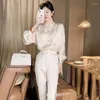 Blusas femininas camisas de cetim flor de seda estilo chinês o pescoço primavera/verão roupas femininas soltas mangas compridas moda topos