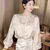 Women's Blouses Satin Shirts Silk Flower Chinese Style O-neck Spring/Summer Ladies Clothing Loose Long Sleeves Fashion Tops