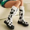 Boots Faux Fur Patchwork PU Zebra Patterned Winter Knee High With Flat Heels Thick Soles For Warm Lining Cow Pattern