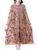 Vestidos casuales Moda Bordado Floral Seda Cuello con volantes Vestido Midi 2024 Luz suelta Otoño Coreano Vintage Fiesta ES J243