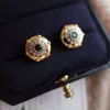 Stud Earrings Light Luxury Vintage Court Style Fine Carved Flower Earings Green Zircon Ancient Gold Crafts For Women Jewelry