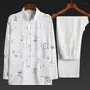 Fatos masculinos homens primavera verão chinês tradicional tang terno mandarim colarinho wing chun vestuário tops calças conjunto tai chi camisa