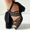 Sandals Women Boho Hollow Out Block Heels Peep Toe Back Zipper Lo Heel Fashion Dress