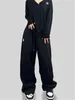 Pantalon de deux pièces pour femmes QWeek Y2K Pantalon de survêtement noir Femmes Mode coréenne Basic Gris Costume d'entraînement surdimensionné Kpop Harajuku Wide Leg Blanc