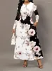 Casual Jurken Herfst Elegante Bloemenprint Party Maxi Voor Vrouwen Lange Mouw O Hals Slanke Grote Zoom Vintage Jurk Mode vrouw Gewaad