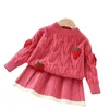 ガールドレス2024年のセーター服セット冬の子供服編みトップススカート2pcsスーツ服装クリスマスガールズコスト