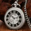 Montres de poche en argent pour hommes, montre de luxe Vintage, manuelle, mécanique, mode, trous, Design, chiffres romains, cadran, crochet, chaîne, horloge