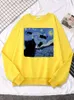 Kvinnors hoodies Oljemålning Black Cat Starry Night Print Womens Sweatshirt Fleece Hip Hop Loose Women Clothing Crewneck Hoody