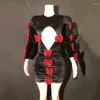 Stage Wear Velluto nero Rosso Paillettes Fiocco Abito da festa Donna Compleanno Celebrare Costume Abiti da ballo da sera Performance Outfit XS7398