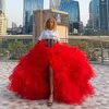 Jupes rouge robe de bal tulle pour femmes à plusieurs niveaux gonflé haute fente filles fête jupe rue femme dame bas printemps été