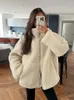 Femmes Fourrure Blanc Faux Teddy Revers Zipper Up Femmes Veste À Manches Longues Contraste Vélo Moto Manteaux 2024 Automne Hiver Chic Casual Tops