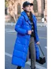 Dames Trenchcoats Blauw Glanzend Gratis Wash Down Katoenen Jas Voor Dames Lange Dikke Warmte Parka's Met Capuchon 2024 Winter Koreaanse Losse Kleding