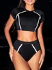 Traje de baño para mujer 2024 Moda elegante manga corta dos piezas sólido negro cintura alta bikini conjuntos estilo deportivo ropa de playa traje de baño
