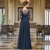 Abiti per la madre della sposa blu navy maniche a 3/4 scollo a V in chiffon applicazioni di pizzo con perline paillettes abiti per la madre per donne arabe nere abiti da cerimonia per invitati AMM051