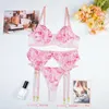 Bras Sets SexeLakas Lingerie Floral Embroidery Intimate 3 Pieces See Through Lace Outfits Fancy Erotic Uncensored Underwear Pink Bra Panty