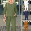 Dames tweedelige broek Lady Top Set Vintage kledingpak met ruche zoom T-shirt Lange broek voor dames Zacht ademend driekwart