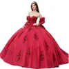 2024 Sexy Dark Red Quinceanera Dresses Ball Gown Off Shoulder Lace Appliques Long Sleeves Crystal Beads Feather Puffy Party Dress Prom Evening Gowns With Bow