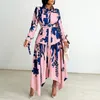 エスニック服女性のためのアフリカのプリントドレスビッグサイズファッションナイジェリアラペル長袖不規則なドレスローブフェム
