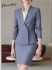 Yitimuceng Blazer grigio in 2 pezzi e gonna da ufficio da donna a maniche lunghe con scollo a V Blazer slim eleganti mini abiti a vita alta 240202