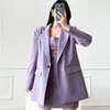 İş Elbiseleri Kadınlar Sonbahar Kore Moda Takım Mor Sling Elbise İki Parça Seti 2024 Kadın Gevşek Sıradan Blazer Mini Etek
