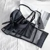 Lace Bra Sexy Mesh Underwear Women Hollow Out Shape Half Cup Soft Bralette Antisag Push Up Bow Thicken Set 240202