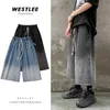 Men's Jeans Summer Mens Denim Shorts Elastic Waist Lace Up Korean Version Street Hip-hop Gradient Loose Oversized Jeans Black Blue S-2XL YQ240205