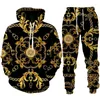 Kvinnors tvådelar byxor lyxiga gyllene mönster hoodie/set vintage 3d tryck huvtröja byxor passar par mode streetwear kläder