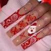 False Nails Long Square And Almond French Christmas Snowflake Press On Starlight Full Cover Fake Nials Women Girls