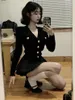 Work Dresses Korean Fashion V-nck Long Sleeve Black Knitted Cardigan Y2k E-Girl High Waist Ruched Short Skirts 2024 Two Piece Sets