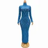 Stage Wear Blue Mesh Sequins Big Stones Long Sleeves Birthday Dress Evening Celebrate Outfit Stretch Transparent Dresses